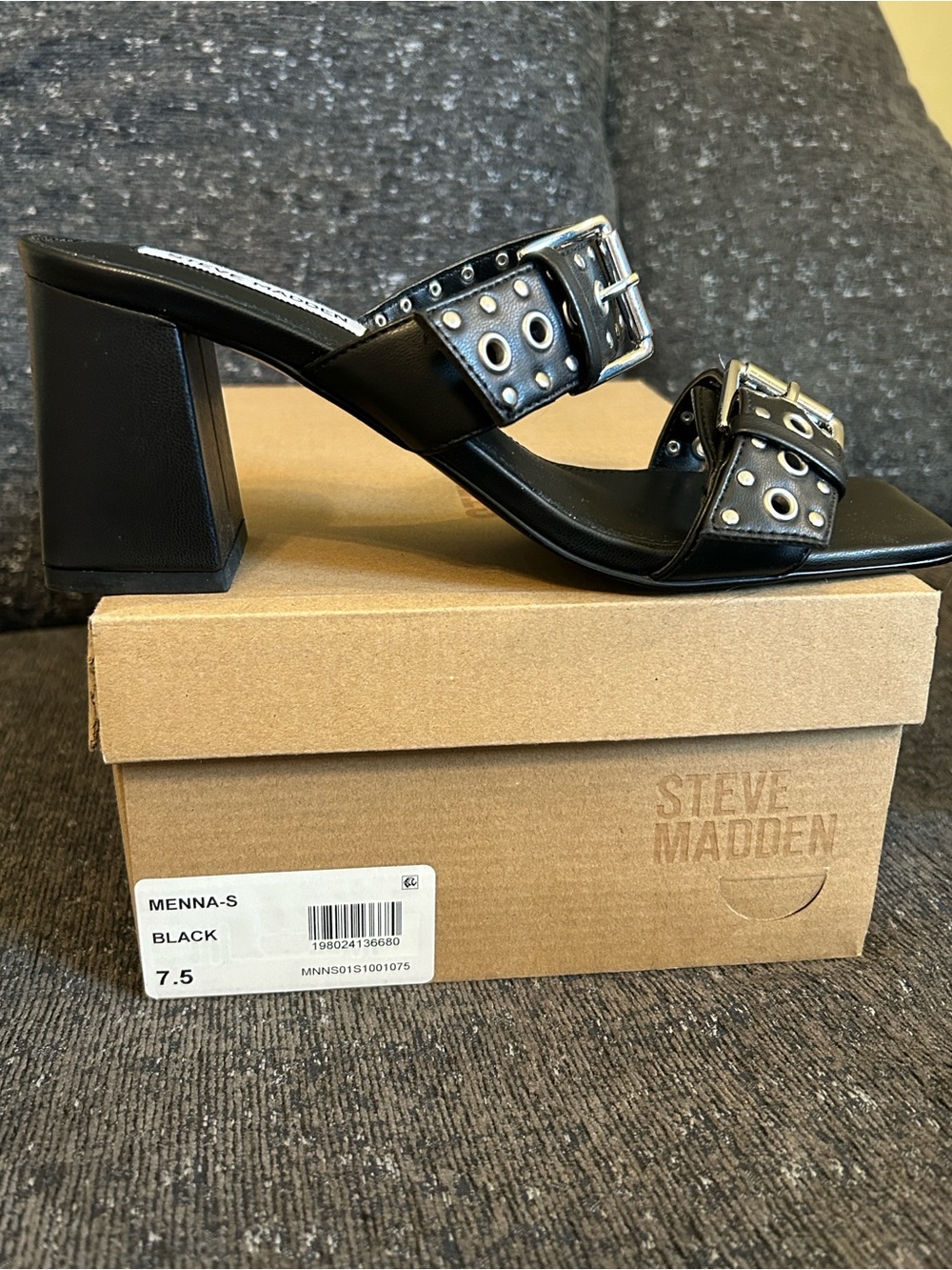 Steve Madden Black Grommet Buckle Block Heel Mules - Picture 7 of 8